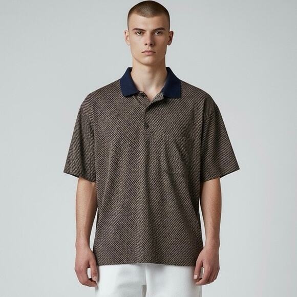 Vintage Ermenegildo Zegna Brown Patterened Knit Pullover Navy Collar Accent ~L - Picture 1 of 7